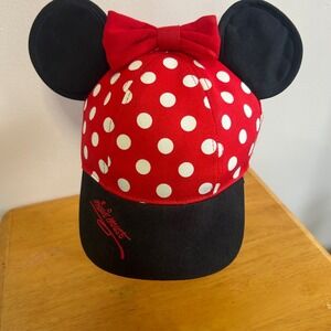 Disney Parks Minnie Mouse Polka Dot Ears Bow Youth Baseball Cap Red Black Hat